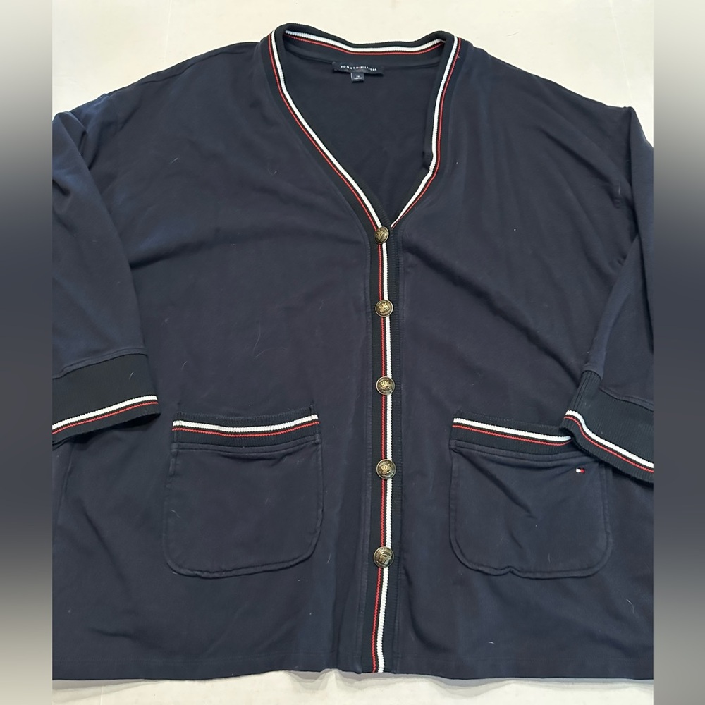 Tommy Hilfiger Navy Cardigan with Red and White Trim Preppy Academics